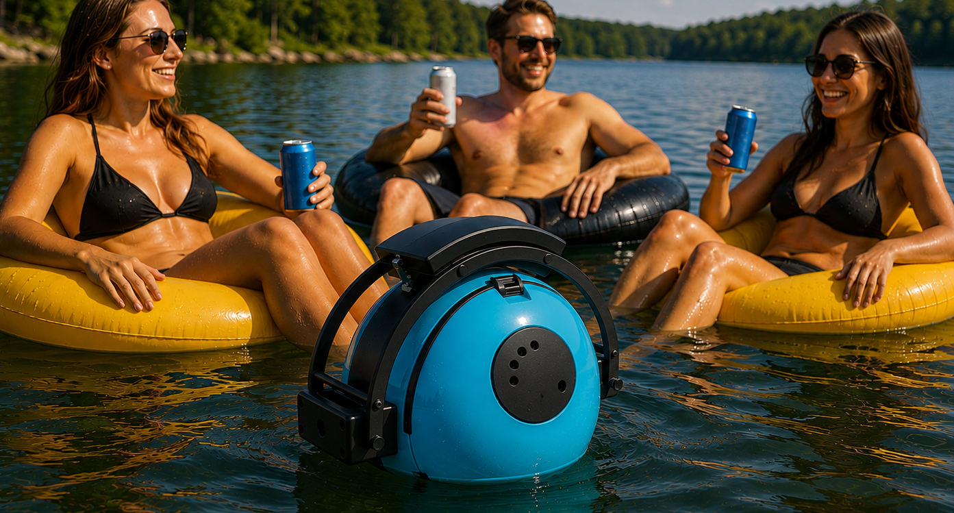 Blue Pengo Cooler Ball floating near people on a lake