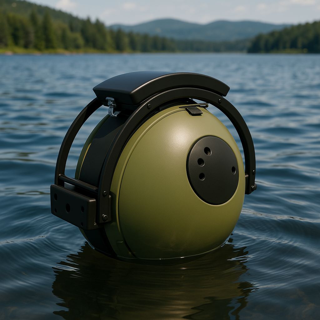 Green Pengo Cooler Ball floating on a lake