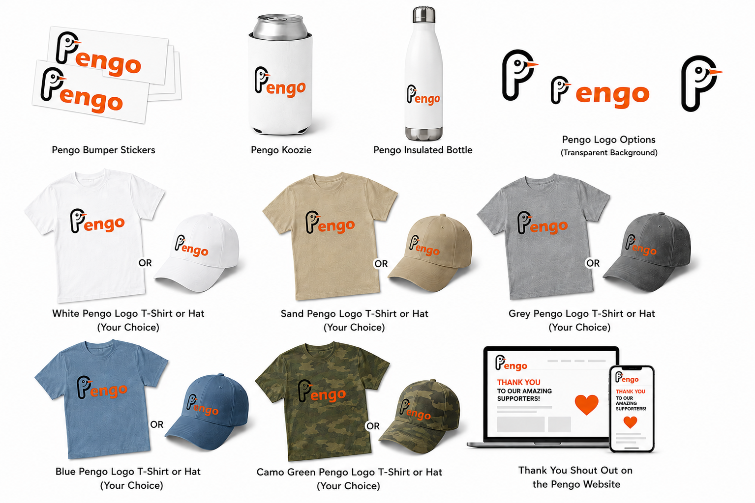 Pengo perk items including stickers, koozie, bottle, shirt, hat, and thank-you shout-out